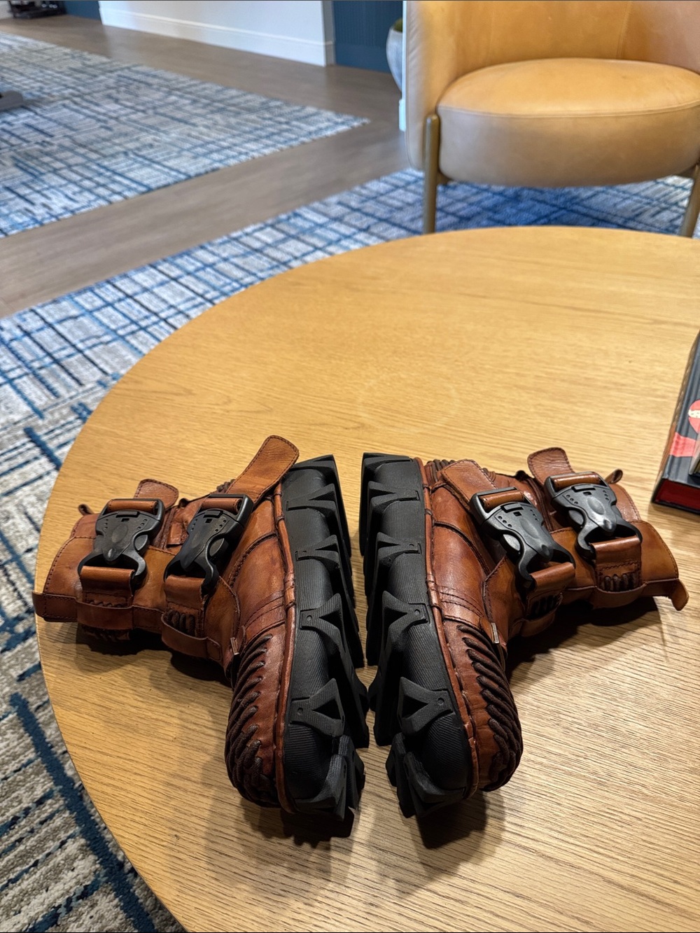 Women's Tan Woven Leather Moto Combat Boots - Picture 8 of 12
